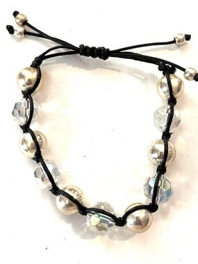 Adjustable Black Cord Bracelet with Silver Beads and Clear Faceted Crystals